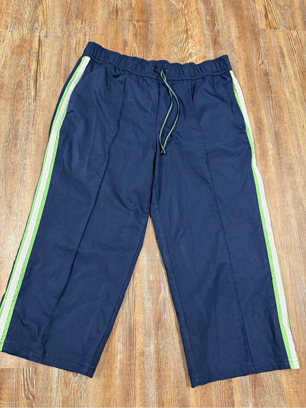 Vintage Y2K Navy blue capri track pants with white and light green stripes down